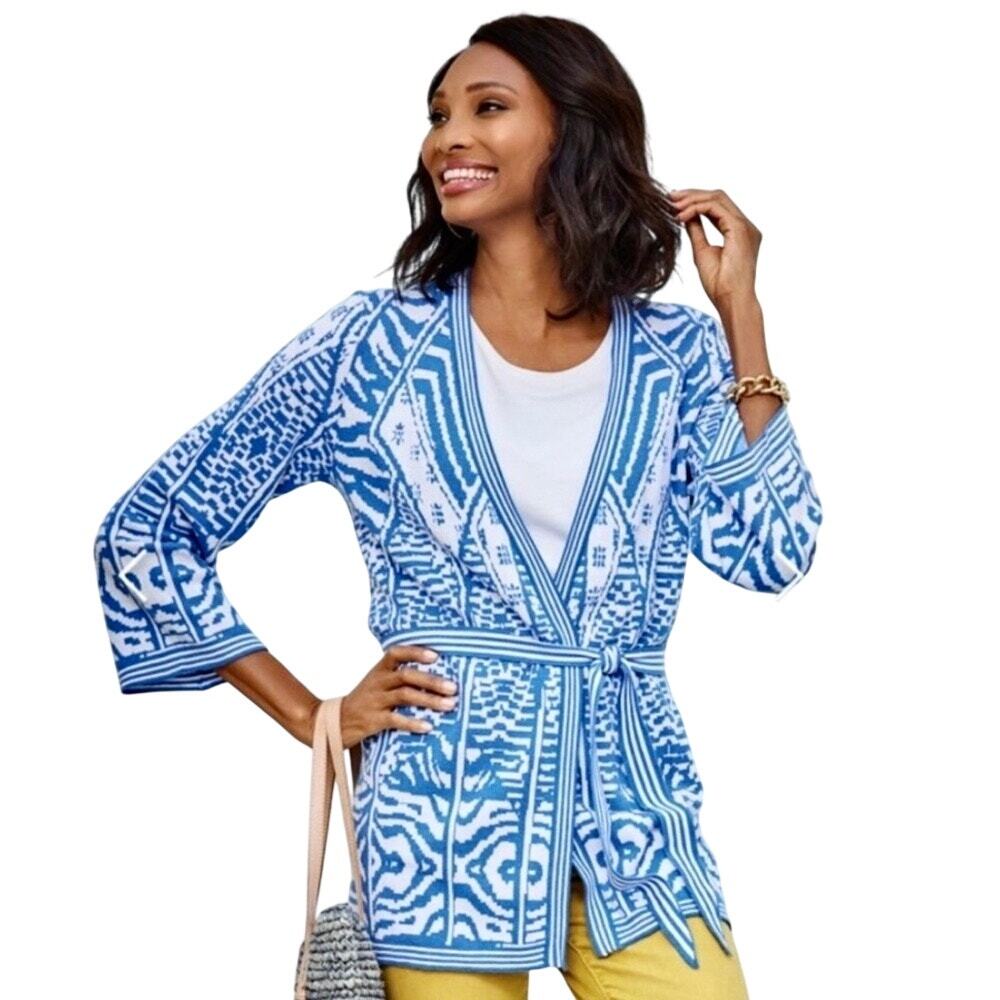 Soft Surroundings Cotton Blend Knit Wrap Cardigan Sweater Southwest Geo Boho